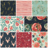 Kristin Blandford Designs Fabric Bundles Woodland Fusion Fat Quarter Half Yard and Yards Art Gallery Fabrics Winter Christmas Fabrics, Deer Buck Forest Navy Blue Red Floral Flowers