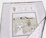 Kristin Blandford Designs Farmhouse Baby Quilt Floral Blanket Flower Crib Bedding Barnyard Animals Low Volume Handmade Modern Quilt Barn Lamps Rabbits Grey Gray Pink