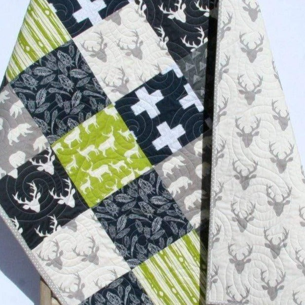 Feathers Baby Quilt, Stag Blanket, Green, Gray, Plus Signs, Bear Baby