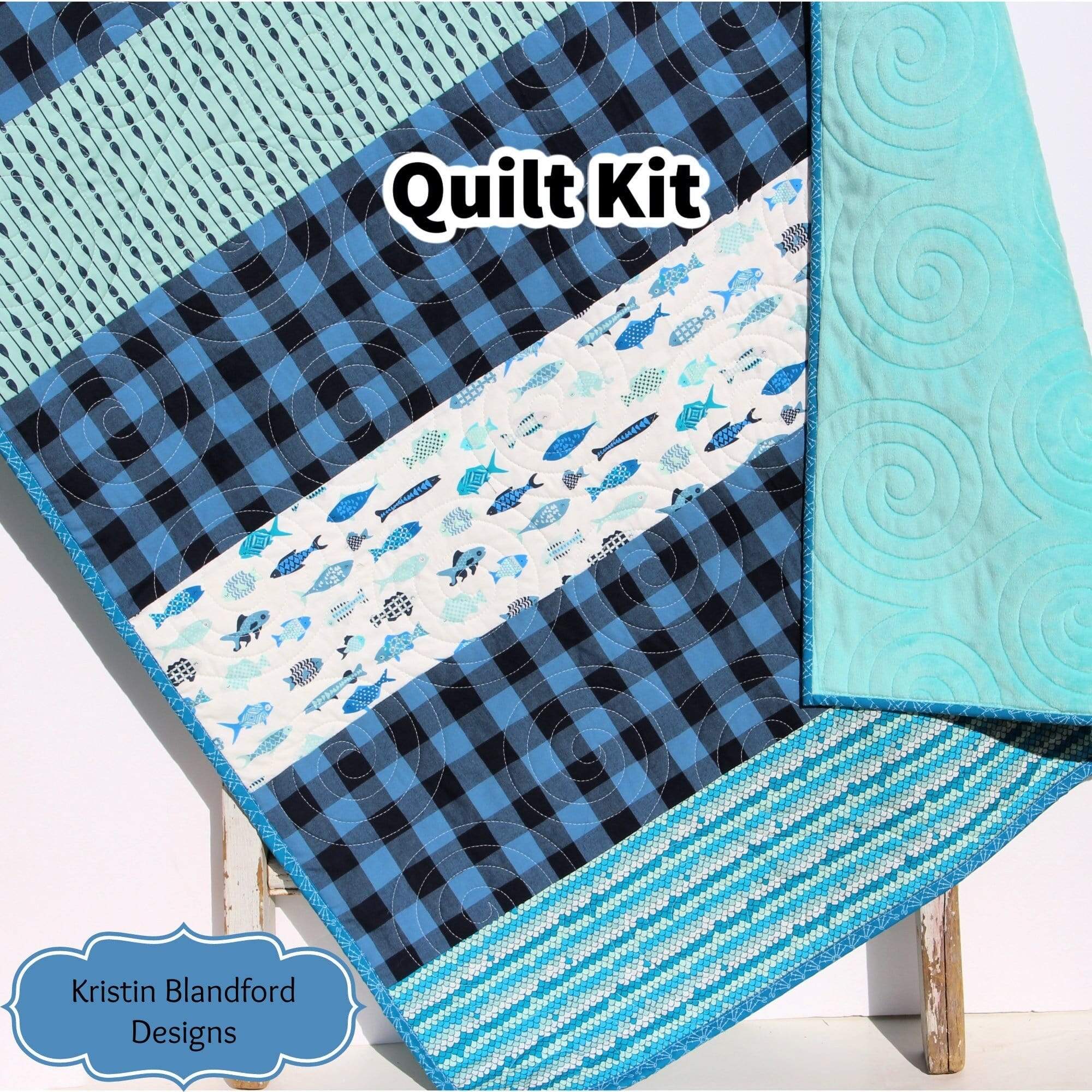 Fishing Quilt Kit with Blue Plaid Fabrics, Pattern and Backing Toddler Kit 39x60 / MINKY Breeze