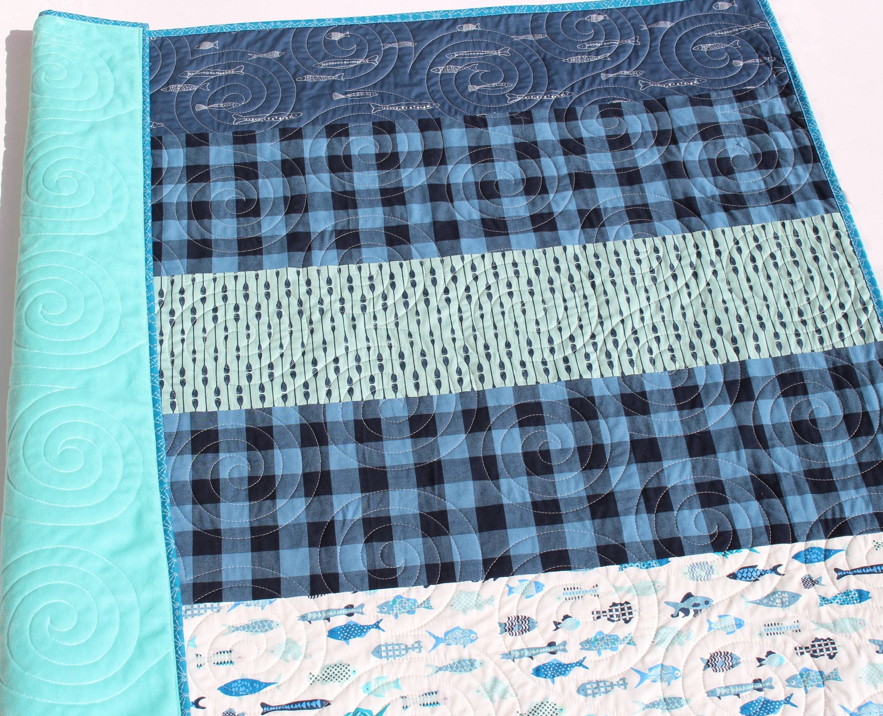 Fishing Quilt Kit with Blue Plaid Fabrics, Pattern and Backing Toddler Kit 39x60 / MINKY Breeze