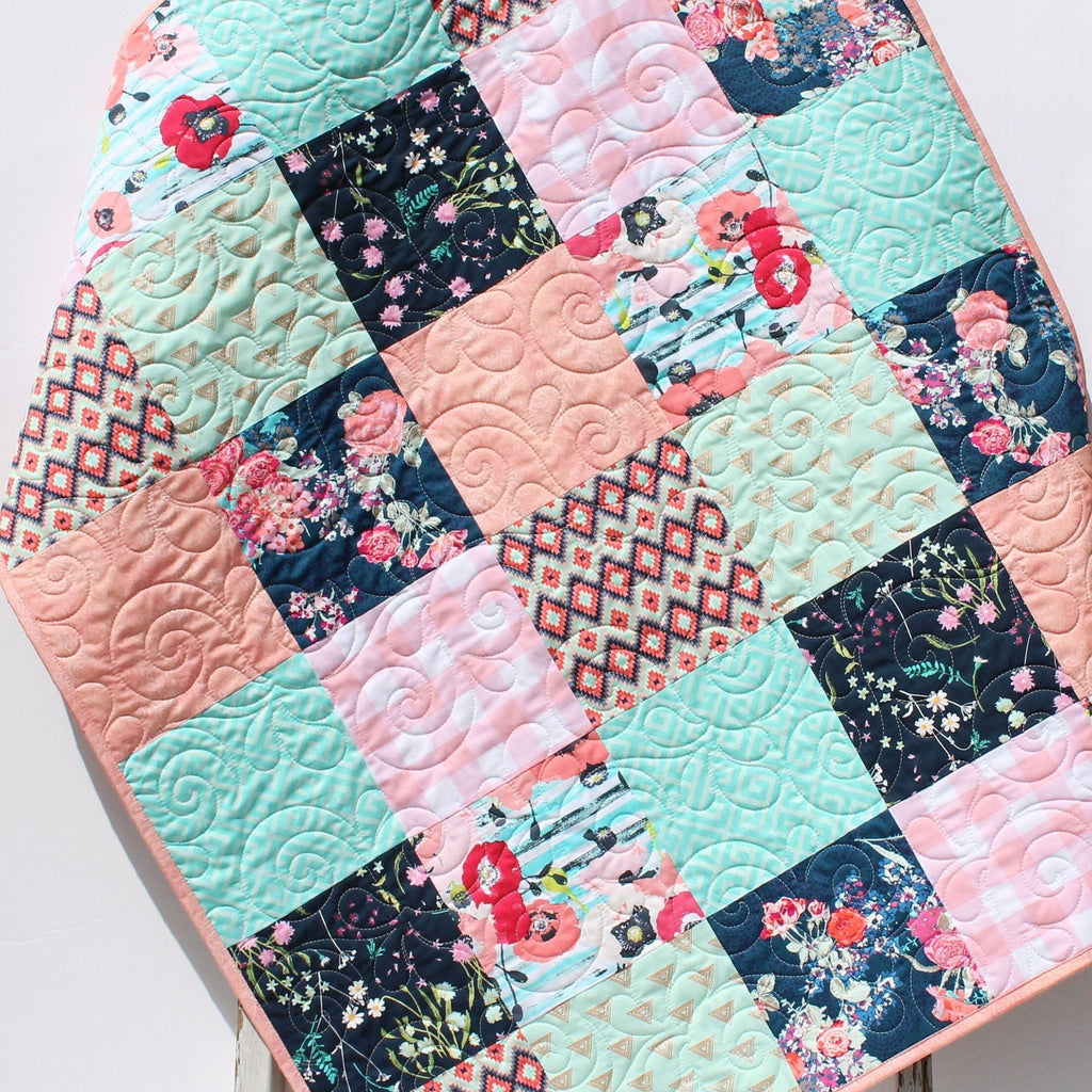 Kristin Blandford Designs Floral Baby Girl Quilt, Newborn Blanket, Navy Coral Pink Aqua Bedding, Flower Nursery Girl