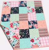 Kristin Blandford Designs Floral Baby Girl Quilt, Newborn Blanket, Navy Coral Pink Aqua Bedding, Flower Nursery Girl