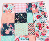 Kristin Blandford Designs Floral Baby Girl Quilt, Newborn Blanket, Navy Coral Pink Aqua Bedding, Flower Nursery Girl