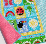 Kristin Blandford Designs Girl Minky Baby Quilt, Ladybug Nursery Bedding, Handmade Blanket, Newborn Girl Gift, Animals Owls Rainbow, Blue Pink Red, Baby Shower Butterfly