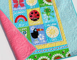Kristin Blandford Designs Girl Minky Baby Quilt, Ladybug Nursery Bedding, Handmade Blanket, Newborn Girl Gift, Animals Owls Rainbow, Blue Pink Red, Baby Shower Butterfly