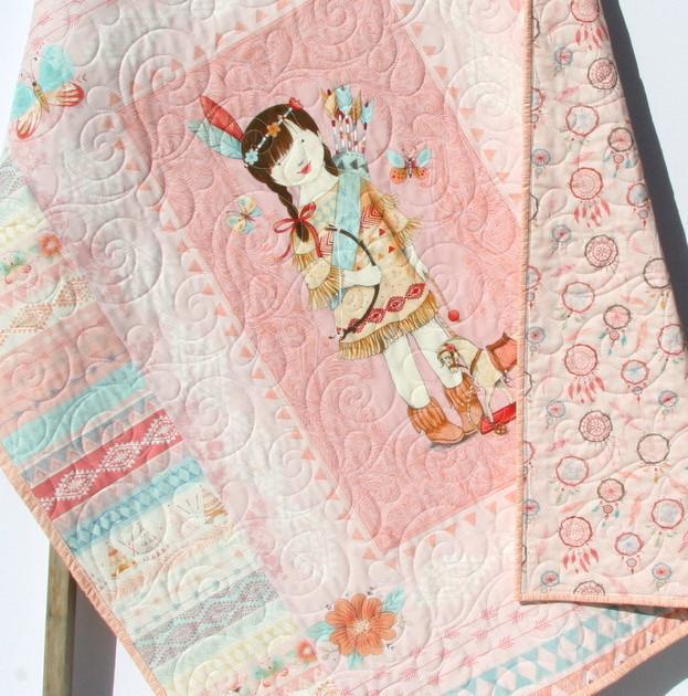 Aztec Girl Quilt, Indian Dream Catchers, Feathers Coral Pink, Crib Bedding Blanket