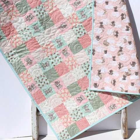 Kristin Blandford Designs Girl Quilts Baby Girl Quilt, Handmade Newborn Blanket, Coral Teddy Bear