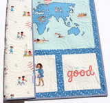 Kristin Blandford Designs Girl Quilts Baby Quilt Our Wonderful World Blanket Bedding Gender Neutral Newborn Monogram Gift Personalize Named Initials Map Ethnicities Cultures