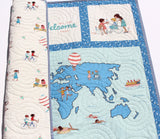 Kristin Blandford Designs Girl Quilts Baby Quilt Our Wonderful World Blanket Bedding Gender Neutral Newborn Monogram Gift Personalize Named Initials Map Ethnicities Cultures
