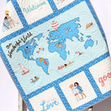 Kristin Blandford Designs Girl Quilts Baby Quilt Our Wonderful World Blanket Bedding Gender Neutral Newborn Monogram Gift Personalize Named Initials Map Ethnicities Cultures