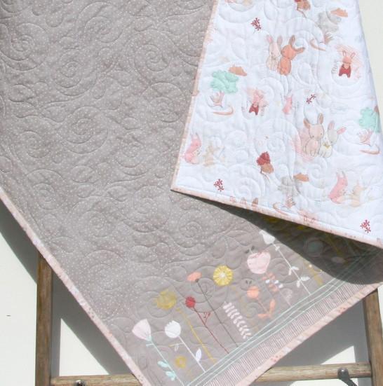Bunny Baby Quilt, Littlest Pastel Grey Flowers Crib Bedding Blanket