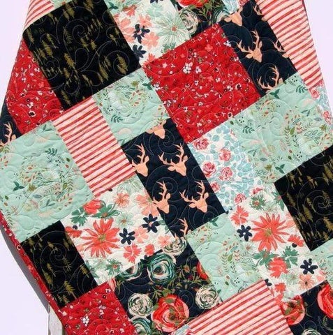 Floral Baby Quilt, Woodland Red Navy Blue, Deer Baby Girl Bedding, Modern Nursery Crib Blanket