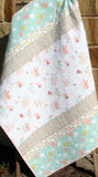 Girl Crib Quilt, Pastel Bunnies Flowers, Coral Mint Grey, Personalized Baby Quilt, Add Name