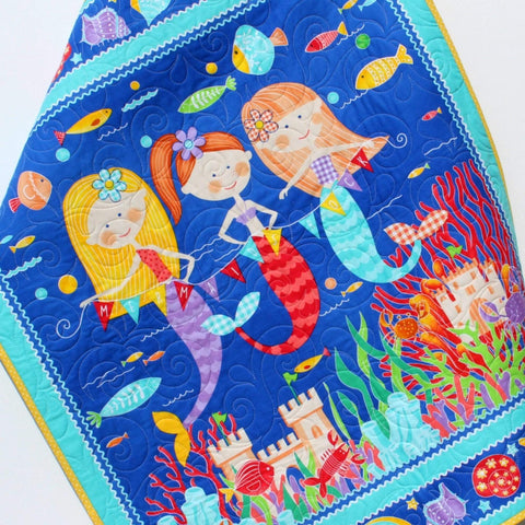 Kristin Blandford Designs Girl Quilts Mermaid Baby Blanket, Nautical Crib Bedding, Girls Quilt, Newborn Baby Gift, Ocean Nursery Theme, Sand Castle Fish Beach Blue Aqua Purple