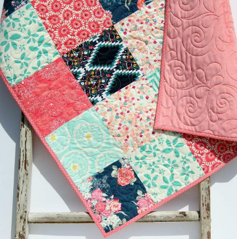 Minky Blanket, Baby Girl Quilt, Navy Coral Nursery Bedding, Newborn Floral Shower Gift, Handmade Patchwork Quilt Soft Boho Chic Personalized