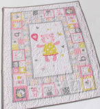 Kristin Blandford Designs Girl Quilts Newborn Baby Quilt, Girl Bedding Handmade Monogrammed Gift Crib Nursery Decor Embroidery Name Gift Pink Grey Gray Animal Blocks Elephants