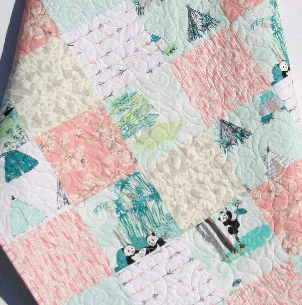 Panda Quilt, Shabby Chic Coral Blue Baby Bedding, Toddler Blanket