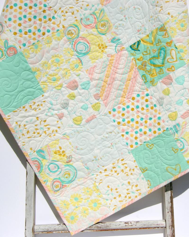 Watercolor Floral Quilt, Coral Mint Gold, Pastel Blanket, Kids Minky B, image size:799x1000