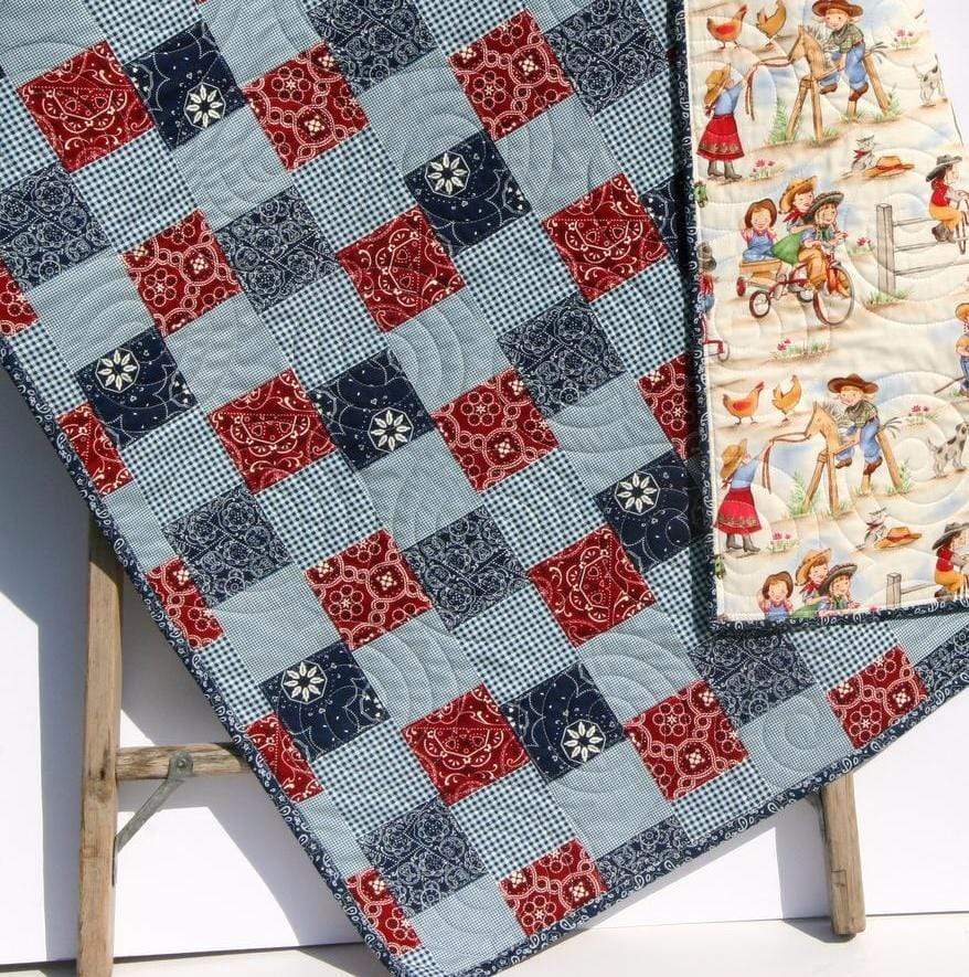 Western Baby Quilt Cowgirl Blanket Nursery Bedding Red Blue Bandana Patchwork Girl Horse Country