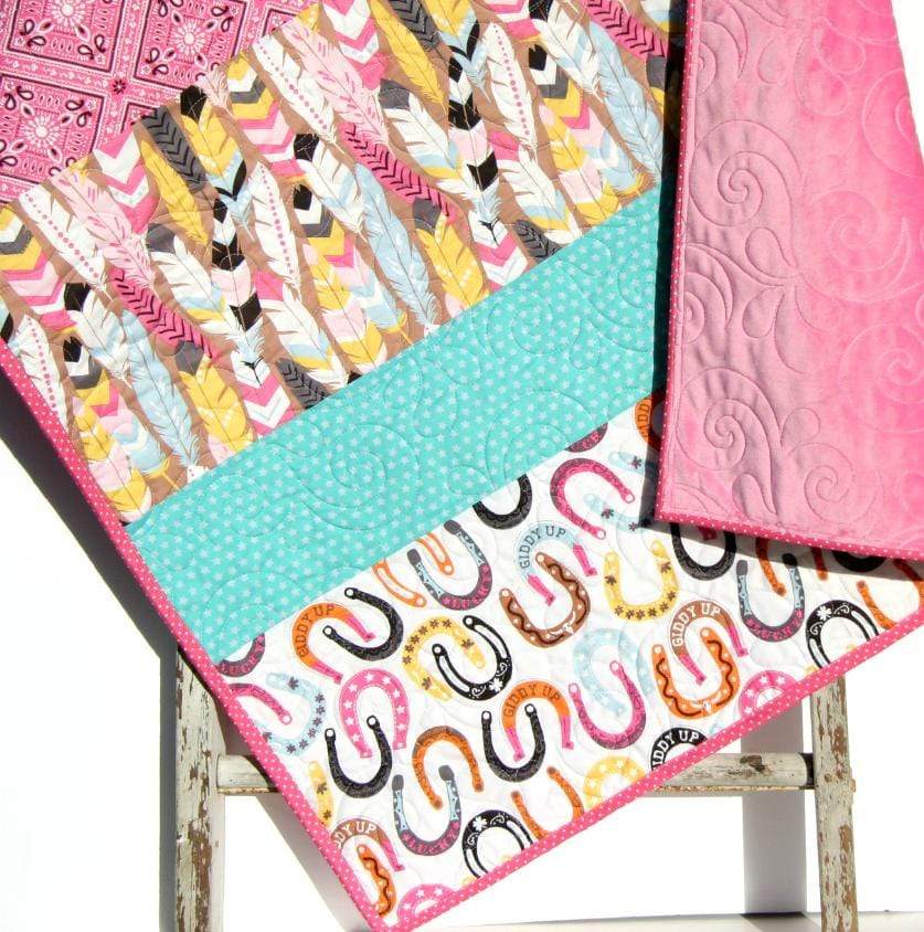 Western Girl Quilt, Nursery Baby Bedding, Pink Cowgirl Blanket, Crib Decor, Horseshoes Feathers, Handmade Gift for Newborn, Toddler Child