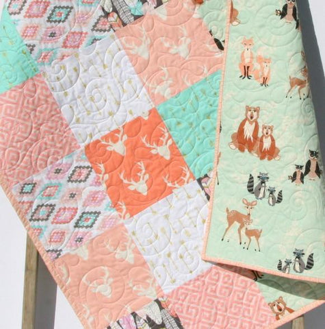 Woodland Baby Girl Quilt, Pastel Deer Buck Bedding, Crib Nursery Blanket