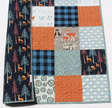 Kristin Blandford Designs Handmade Baby Quilt Woodland Nursery Personalized Blanket Modern Crib Decor Boy Quilts for Sale Navy Blue Orange Bears Deer Owls Animals