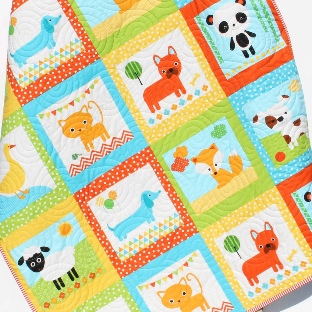 Kristin Blandford Designs Neutral Baby Quilt, Animal Baby Bedding, Dog Blanket, Blue Orange Yellow