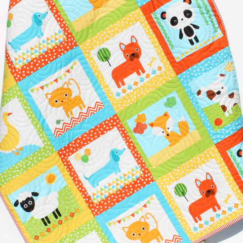 Kristin Blandford Designs Neutral Baby Quilt, Animal Baby Bedding, Dog Blanket, Blue Orange Yellow