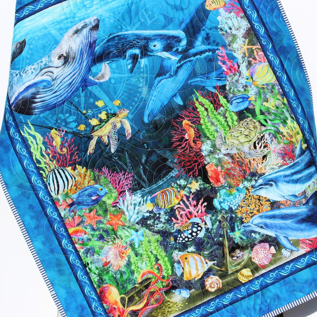 Kristin Blandford Designs Ocean Baby Quilt, Nautical Newborn Blanket, Personalized Name Handmade Homemade Gender Neutral Boy Girl Unisex Sea Life Fish Whales Coral