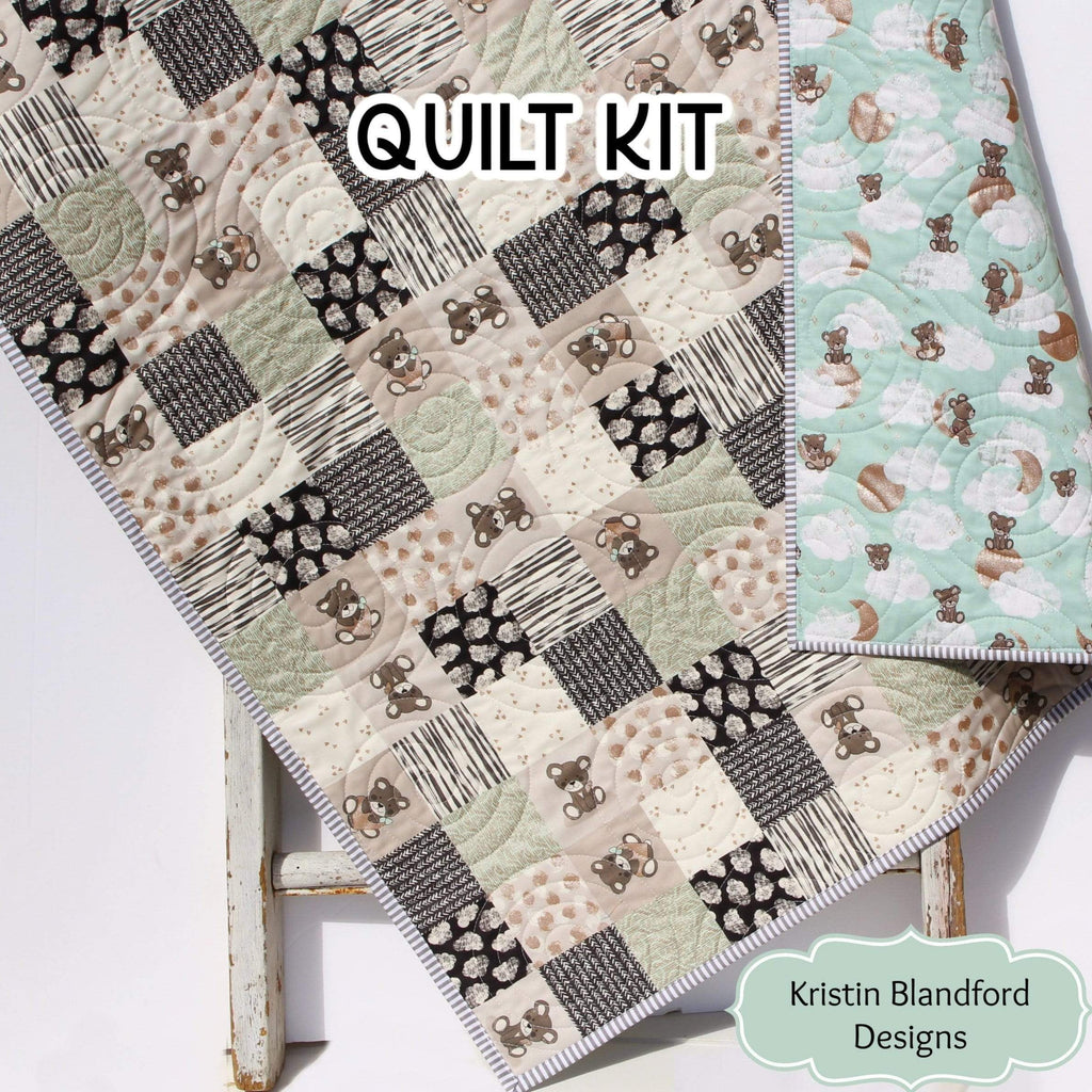 Kristin Blandford Designs Quilt Kit for Newborns, Panel Beginner Project, Sewing Ideas, Simple Quick and Easy Quilting, Sleep Tight Teddy Bear Boy Black Gray Grey
