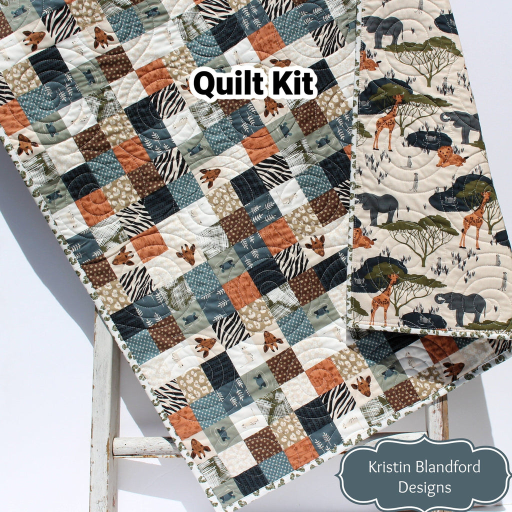 Kristin Blandford Designs Quilt Kit for Newborns, Safari Panel Beginner Project, Sewing Ideas, Simple Quick and Easy Quilting, The Waterhole Animals Giraffe Elephant