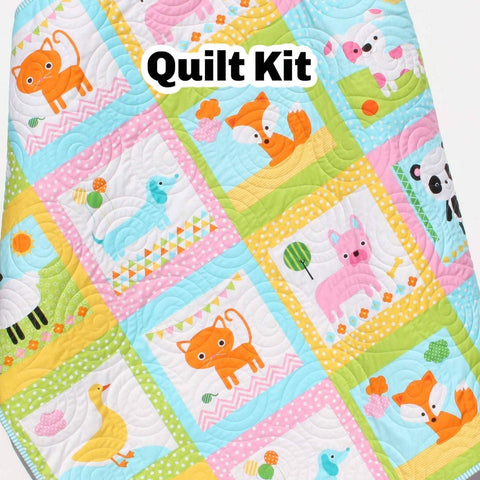 Kristin Blandford Designs Quilt Kit Girl Remix Zoologie Dogs Dachshund Fox Pink Aqua Yellow Animals Anne Kelle Cheater Panel Baby Blanket Project Toddler Size