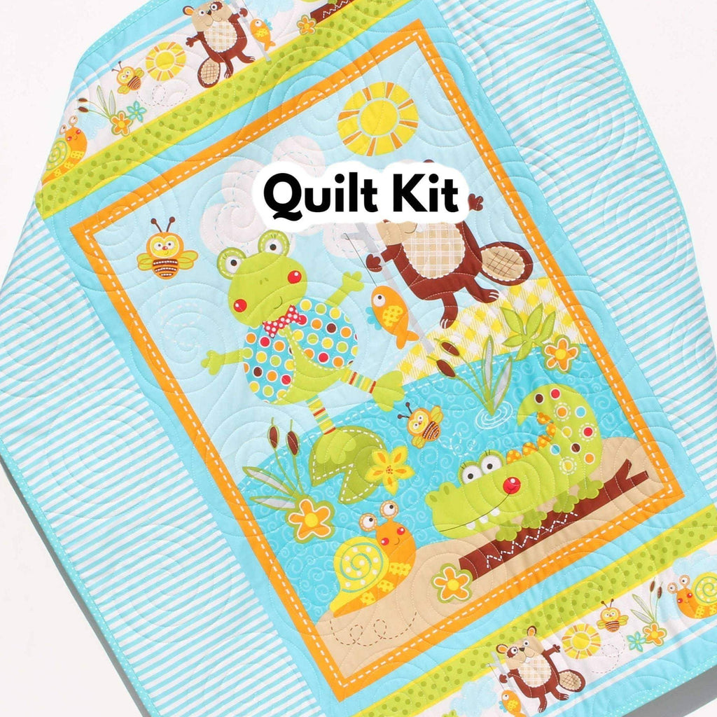 Kristin Blandford Designs Quilt Kit Polk Dot Pond Baby Boy or Girl Panel Quick Easy Monkey Beaver Alligator Animals Nature Outdoors, Brown Blue Orange