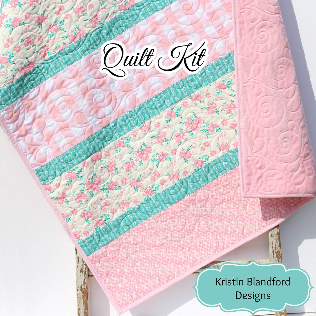 Kristin Blandford Designs Quilt Kit, Striped Beginners, Farmhouse Floral Plaid, Pink Flowers, Projects for you to Make, Baby or Toddler, Teal Keepsake Gift Handmade