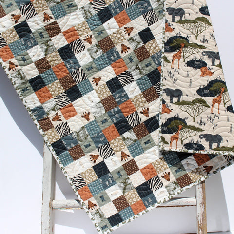 Kristin Blandford Designs Safari Quilt Nursery Boy or Girl Bedding Jungle Baby Quilt Crib Blanket Crib The Waterhole Safari Animals Giraffes Elephants Lions Hippos