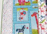 Kristin Blandford Designs Silly Safari Quilt Kit for Beginners Bright Animals Baby Bedding Blanket Jungle Fabric Blue Green Lion Giraffe Elephant Zebra Nursery Sewing