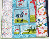 Kristin Blandford Designs Silly Safari Quilt Kit for Beginners Bright Animals Baby Bedding Blanket Jungle Fabric Blue Green Lion Giraffe Elephant Zebra Nursery Sewing