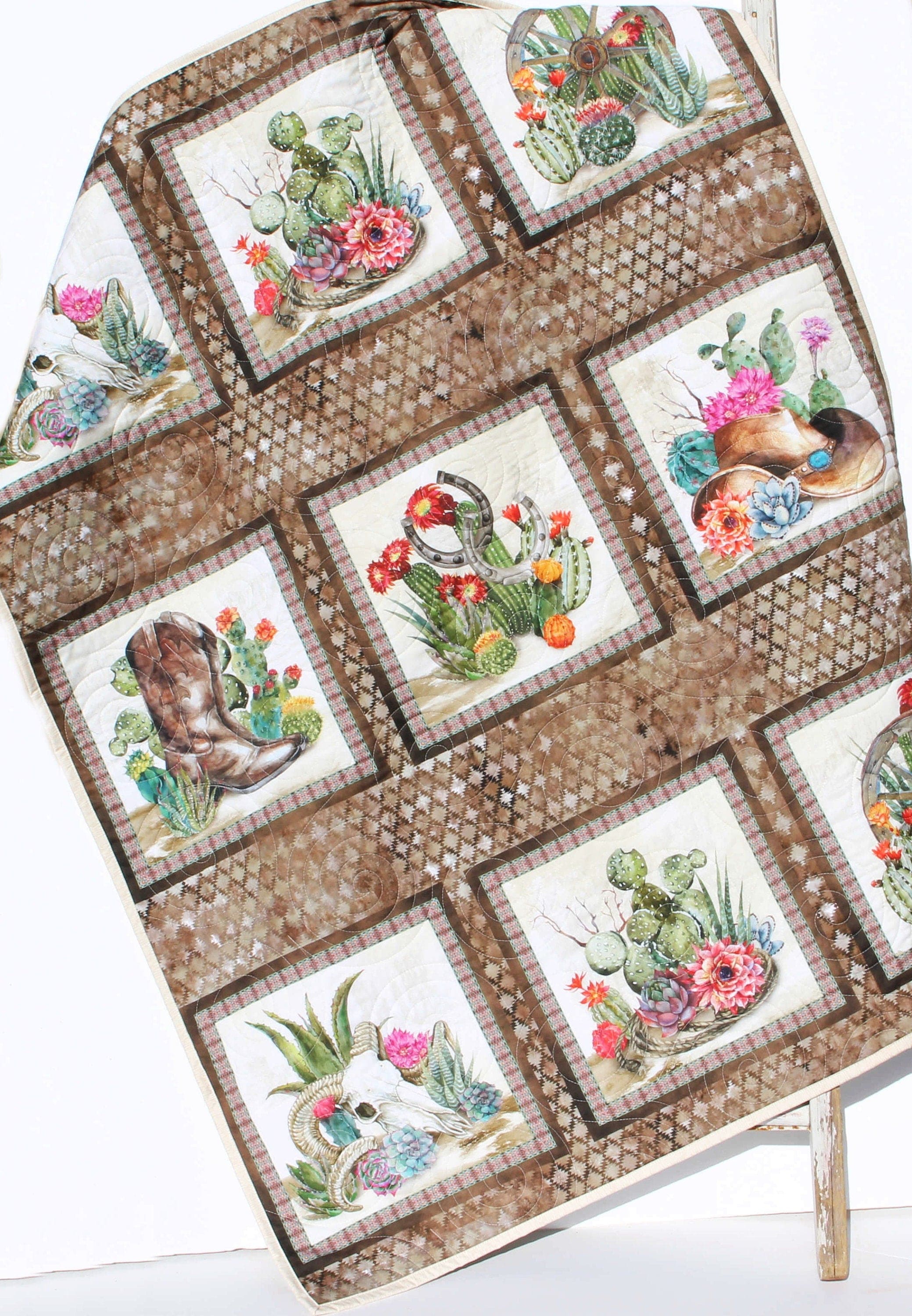 Southwest Lap Quilt, Small Throw Size, Cactus Boots Cowboy Hat Western