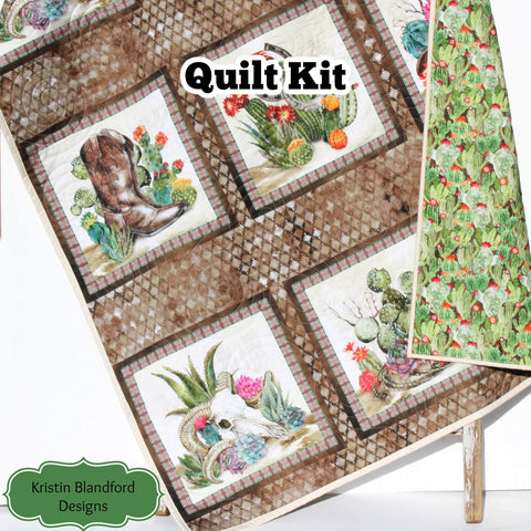 Kristin Blandford Designs Southwest Quilt Kit, Western Theme, Fabric Panel Pattern, Cactus Boots Hats Skull, Beginner Sewing Project, Small Lap Throw Flowers Brown