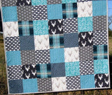 Patchwork Quilt, Throw, Home Decor, Minky Blanket, Gift for Him, Masculine Quilt, Deer, Housewarming Gift, Plaid, Teal Grey Gray Navy Blue