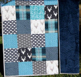 Patchwork Quilt, Throw, Home Decor, Minky Blanket, Gift for Him, Masculine Quilt, Deer, Housewarming Gift, Plaid, Teal Grey Gray Navy Blue