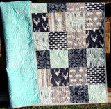 Quilt, Minky Adult Blanket, Gifts, Home Decor, Rustic, Throw Blanket, Mint, Navy Blue, Unique, Gift for Him, Deer Minky Quilt, Woodland Boy