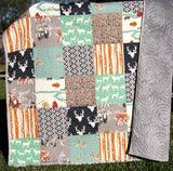 Quilt, Woodland Throw, Minky Adult Blankets, Arrows, Woodland Animals, Gray Deer Quilt, Homemade Large Quilt, Soft Blanket for Couch, Navy