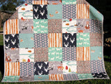 Quilt, Woodland Throw, Minky Adult Blankets, Arrows, Woodland Animals, Gray Deer Quilt, Homemade Large Quilt, Soft Blanket for Couch, Navy