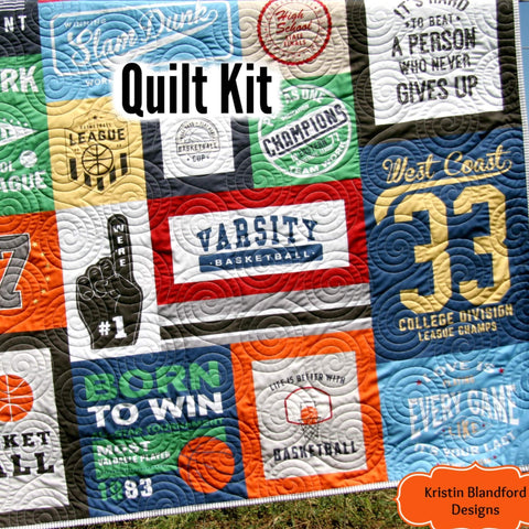 Kristin Blandford Designs Throw to Twin Quilt Kits Basketball Quilt Kit, Varsity Sports Throw Blanket, Sewing Project Large Panel Minky Adult Blanket Home Decor Gift Boy Teen Faux Patchwork