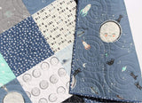 Kristin Blandford Designs Throw to Twin Quilt Kits Space Quilt Kit, Baby Toddler Throw Twin Size, Stargazer Planets Moons Stars Galaxy Navy Blue Aqua Grey Gray Black Patchwork Boy Child